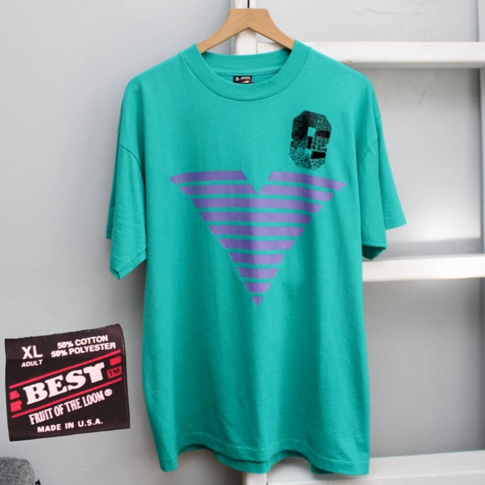 Fruit of the Loom Best VTG 90s Teal Abstract Graphic Print T-Shirt USA Size XL